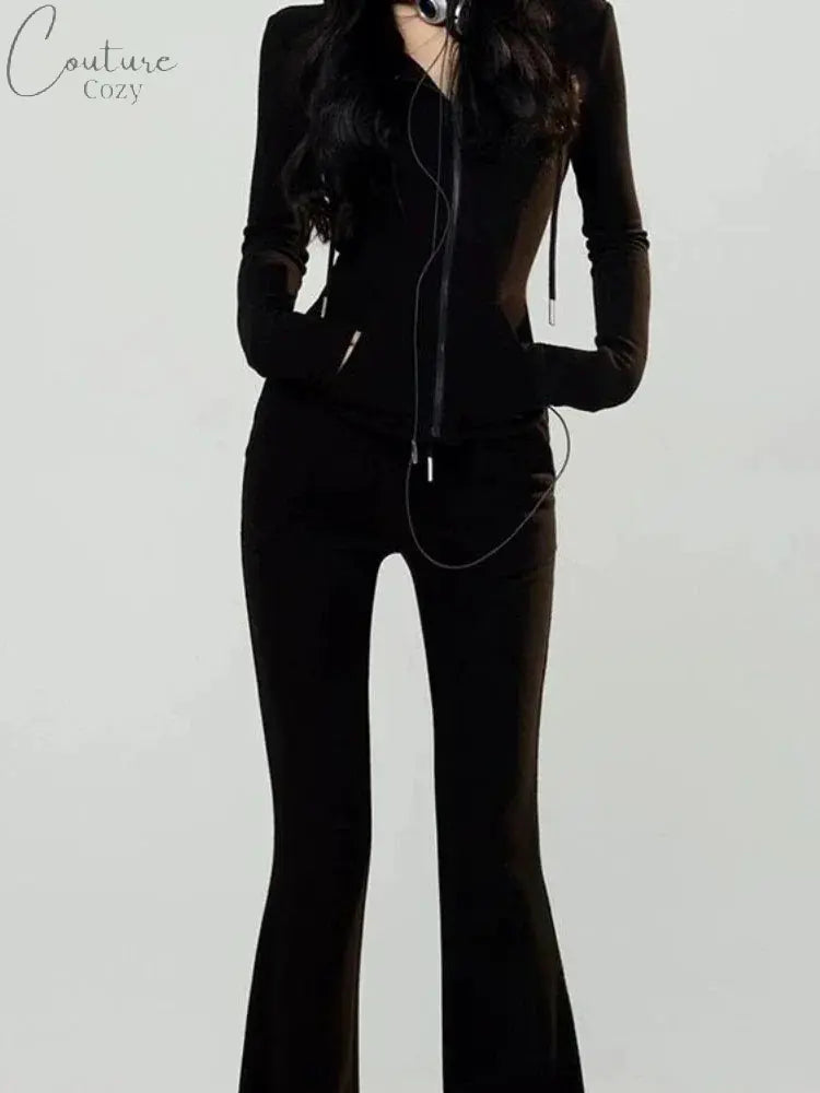 Two Pieces Set Casual Slim Letter Embroidery Zipper Women Hoodies + Fashion Y2k Aesthetic Solid High Waist All Match Pants Femme Couture Cozy