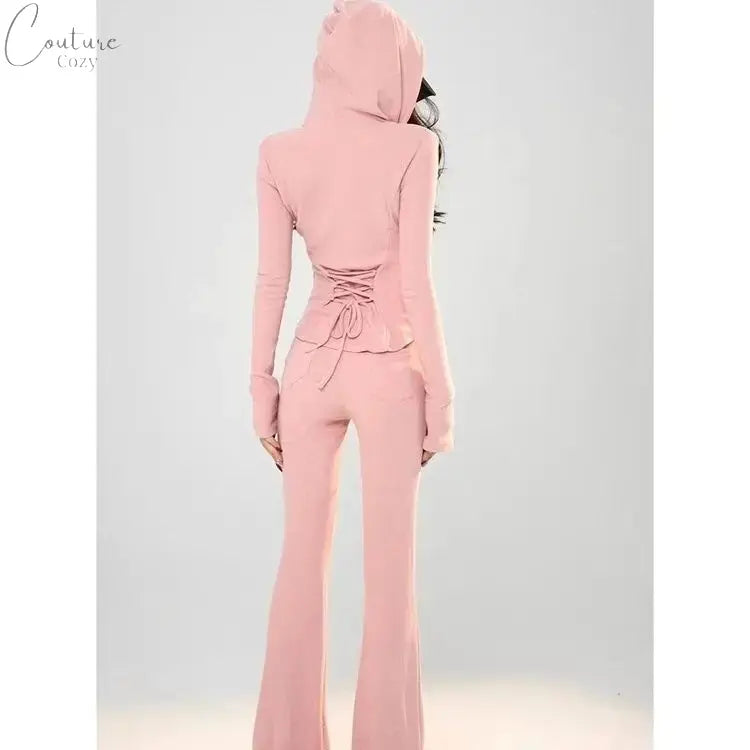 Two Pieces Set Casual Slim Letter Embroidery Zipper Women Hoodies + Fashion Y2k Aesthetic Solid High Waist All Match Pants Femme Couture Cozy