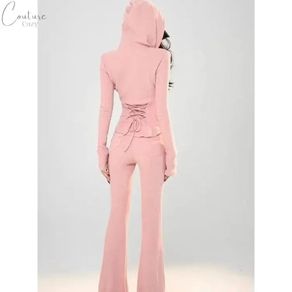 Two Pieces Set Casual Slim Letter Embroidery Zipper Women Hoodies + Fashion Y2k Aesthetic Solid High Waist All Match Pants Femme Couture Cozy