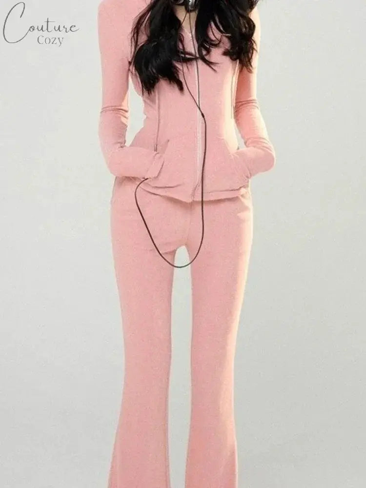 Two Pieces Set Casual Slim Letter Embroidery Zipper Women Hoodies + Fashion Y2k Aesthetic Solid High Waist All Match Pants Femme Couture Cozy