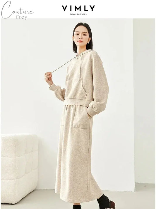 Vimly Casual Hoodie and Skirt Women's Sets 2 Piece Outfits 2024 Spring Hooded Sweatshirts Split Maxi Skirt Matching Sets 30058 Couture Cozy