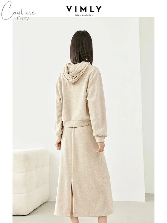 Vimly Casual Hoodie and Skirt Women's Sets 2 Piece Outfits 2024 Spring Hooded Sweatshirts Split Maxi Skirt Matching Sets 30058 Couture Cozy