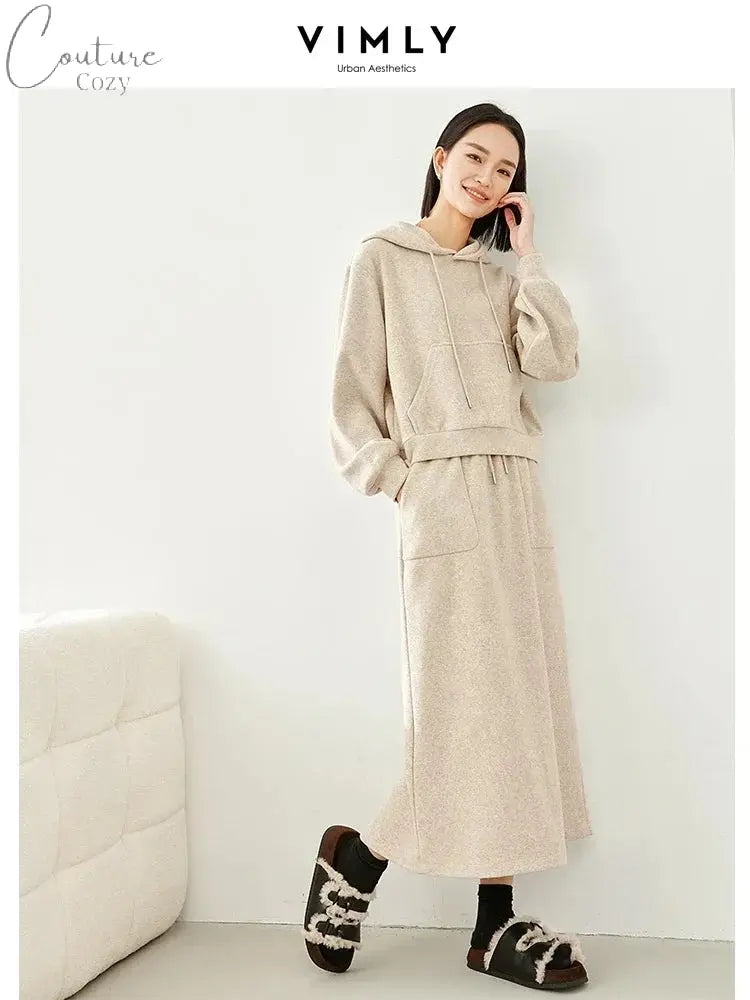 Vimly Casual Hoodie and Skirt Women's Sets 2 Piece Outfits 2024 Spring Hooded Sweatshirts Split Maxi Skirt Matching Sets 30058 Couture Cozy