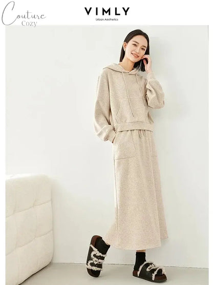 Vimly Casual Hoodie and Skirt Women's Sets 2 Piece Outfits 2024 Spring Hooded Sweatshirts Split Maxi Skirt Matching Sets 30058 Couture Cozy