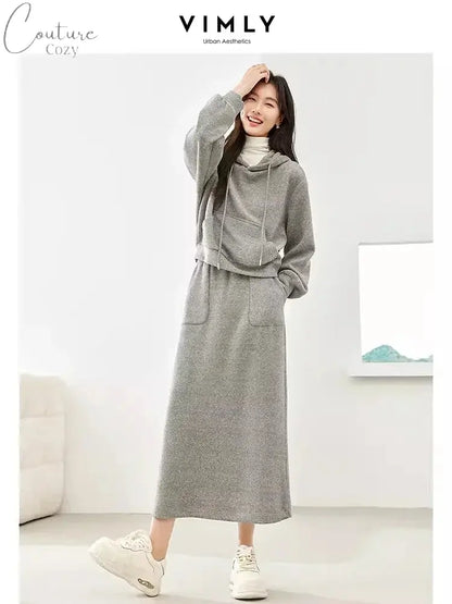 Vimly Casual Hoodie and Skirt Women's Sets 2 Piece Outfits 2024 Spring Hooded Sweatshirts Split Maxi Skirt Matching Sets 30058 Couture Cozy
