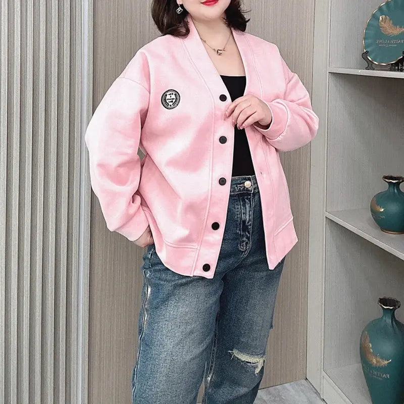 Vintage V-neck Hoodie Cardigan Women Coat Spring/Autumn Plus Size Loose Long Sleeve Baseball Jacket 931 Couture Cozy
