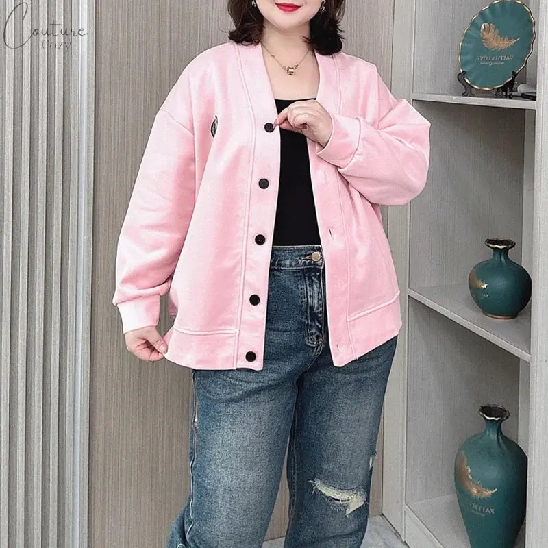 Vintage V-neck Hoodie Cardigan Women Coat Spring/Autumn Plus Size Loose Long Sleeve Baseball Jacket 931 Couture Cozy
