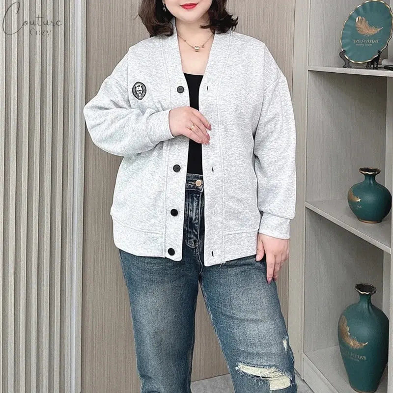 Vintage V-neck Hoodie Cardigan Women Coat Spring/Autumn Plus Size Loose Long Sleeve Baseball Jacket 931 Couture Cozy