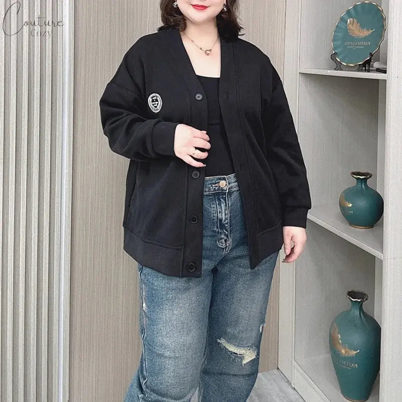 Vintage V-neck Hoodie Cardigan Women Coat Spring/Autumn Plus Size Loose Long Sleeve Baseball Jacket 931 Couture Cozy