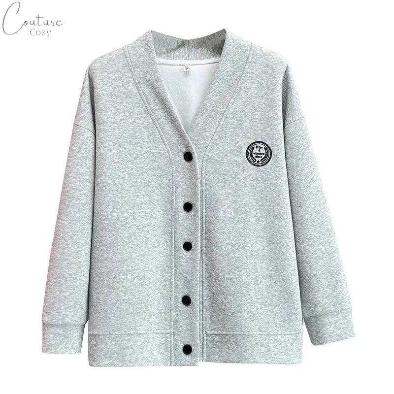 Vintage V-neck Hoodie Cardigan Women Coat Spring/Autumn Plus Size Loose Long Sleeve Baseball Jacket 931 Couture Cozy