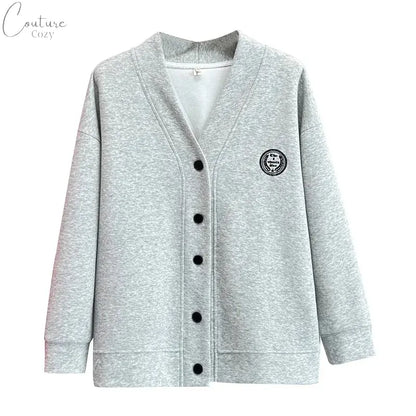 Vintage V-neck Hoodie Cardigan Women Coat Spring/Autumn Plus Size Loose Long Sleeve Baseball Jacket 931 Couture Cozy