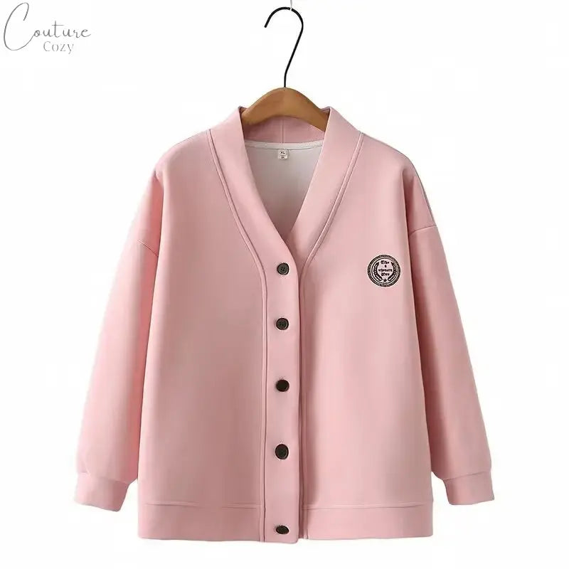Vintage V-neck Hoodie Cardigan Women Coat Spring/Autumn Plus Size Loose Long Sleeve Baseball Jacket 931 Couture Cozy