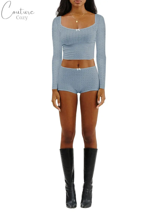 Women 2 Piece Ribbed Knit Pajama Set Long Sleeve Bow Crop Top with Low Waist Shorts Sleepwear Loungewear Couture Cozy
