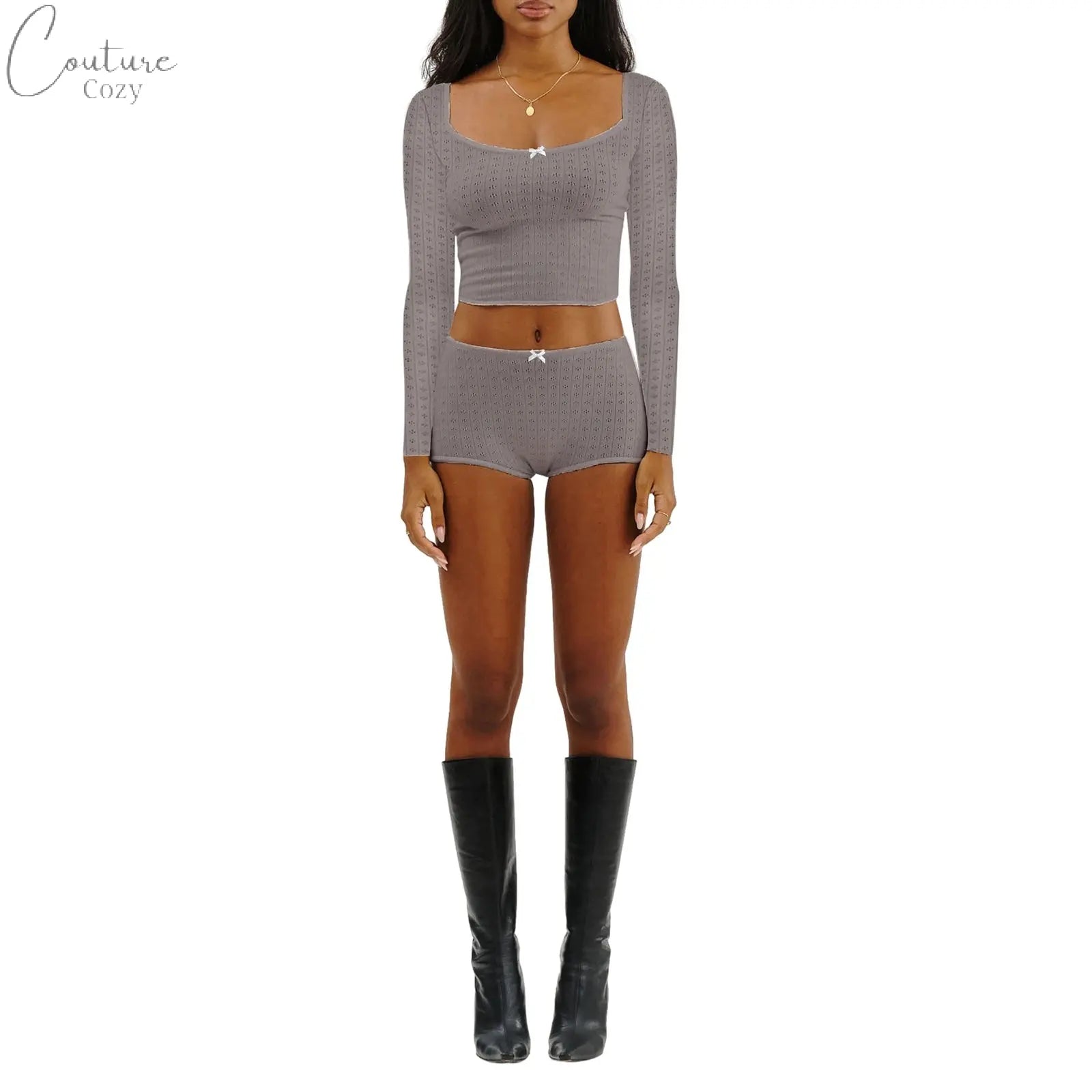 Women 2 Piece Ribbed Knit Pajama Set Long Sleeve Bow Crop Top with Low Waist Shorts Sleepwear Loungewear Couture Cozy