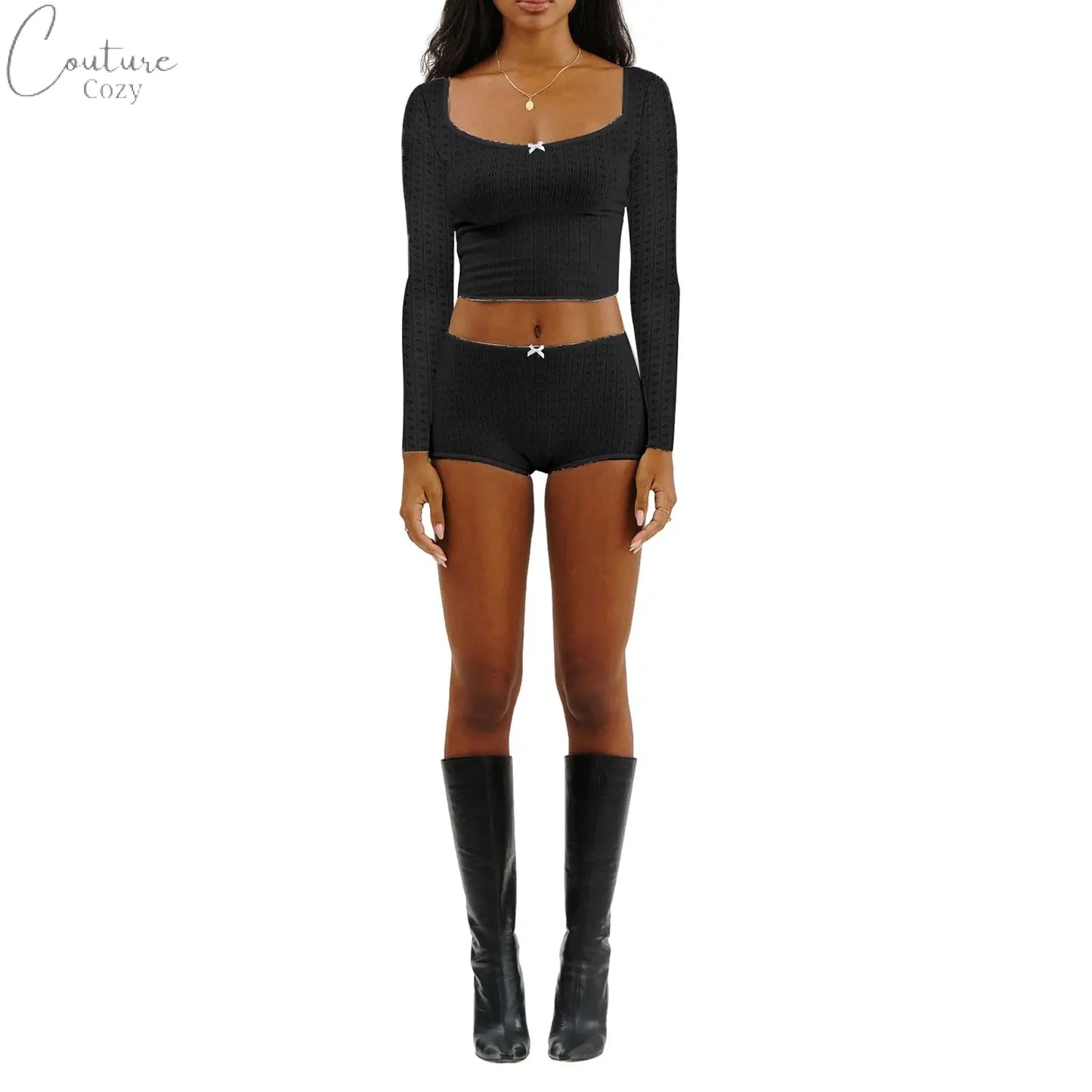 Women 2 Piece Ribbed Knit Pajama Set Long Sleeve Bow Crop Top with Low Waist Shorts Sleepwear Loungewear Couture Cozy
