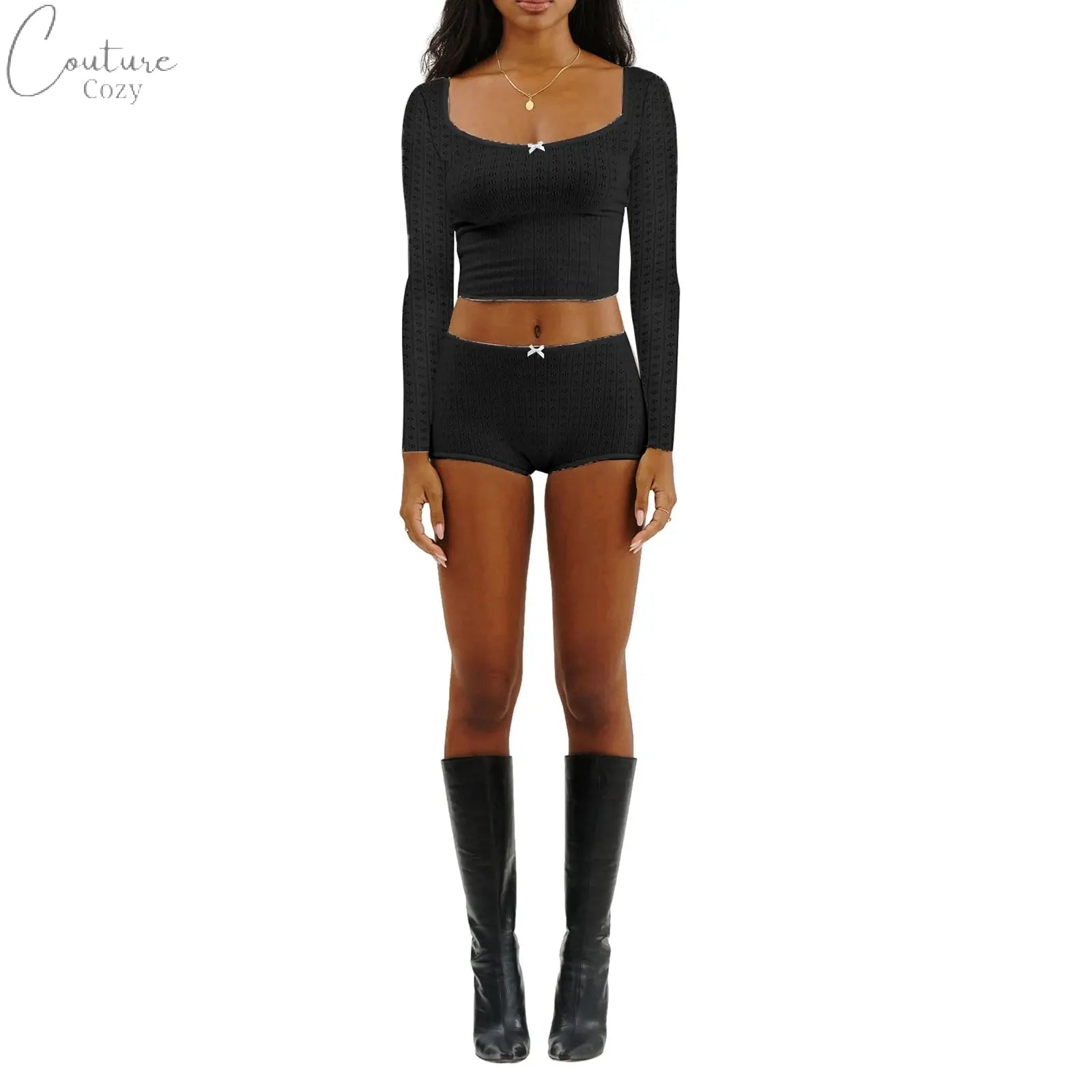 Women 2 Piece Ribbed Knit Pajama Set Long Sleeve Bow Crop Top with Low Waist Shorts Sleepwear Loungewear Couture Cozy