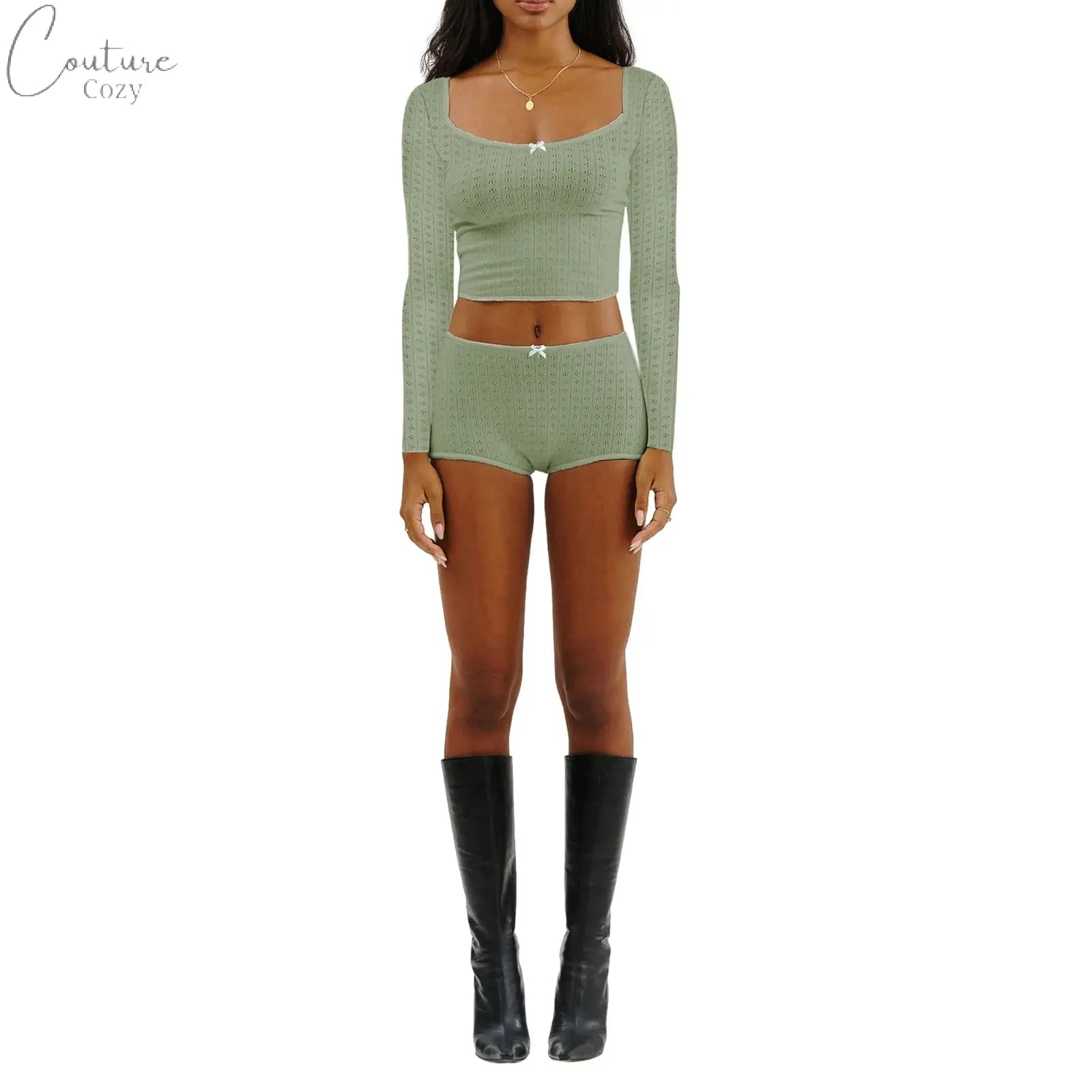 Women 2 Piece Ribbed Knit Pajama Set Long Sleeve Bow Crop Top with Low Waist Shorts Sleepwear Loungewear Couture Cozy