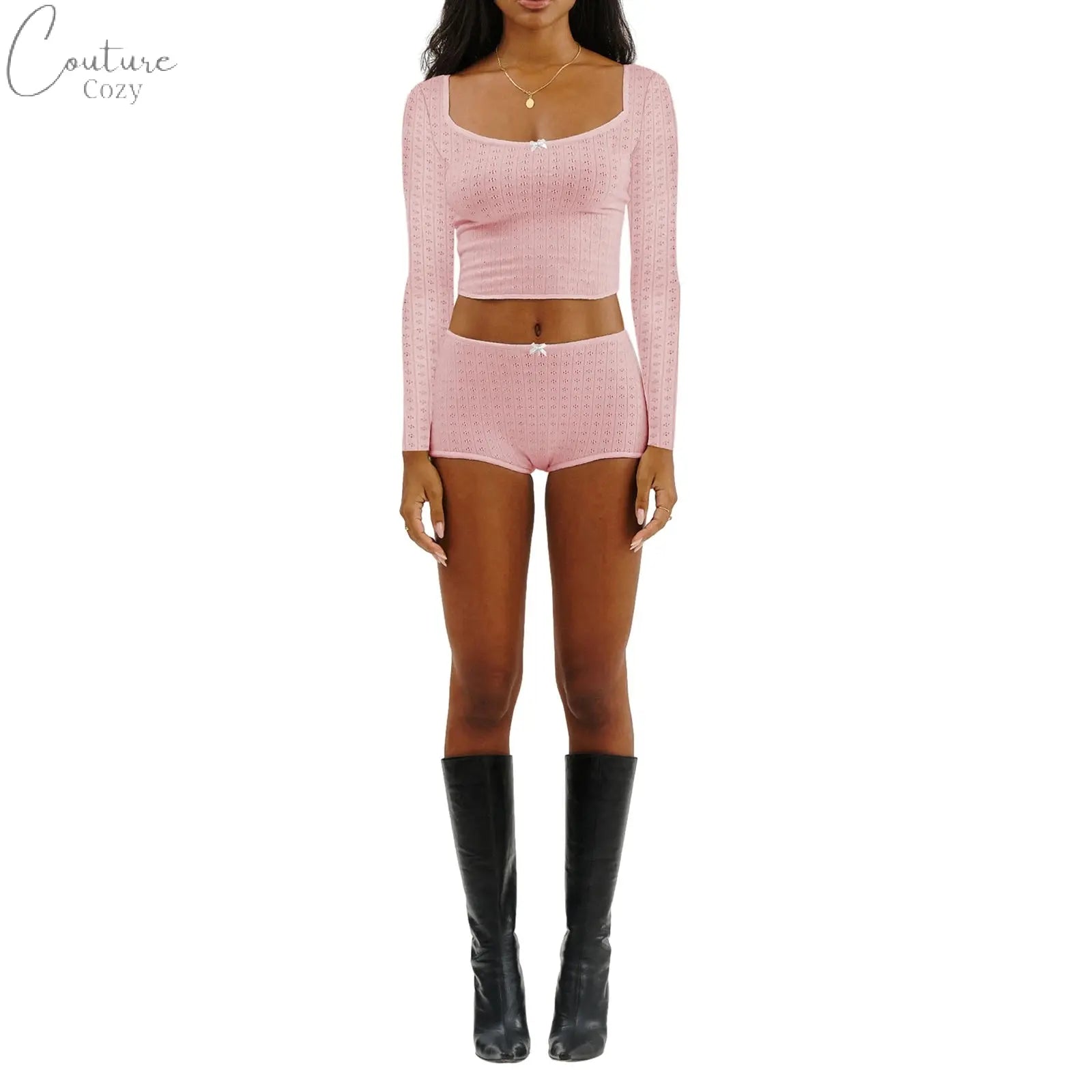 Women 2 Piece Ribbed Knit Pajama Set Long Sleeve Bow Crop Top with Low Waist Shorts Sleepwear Loungewear Couture Cozy