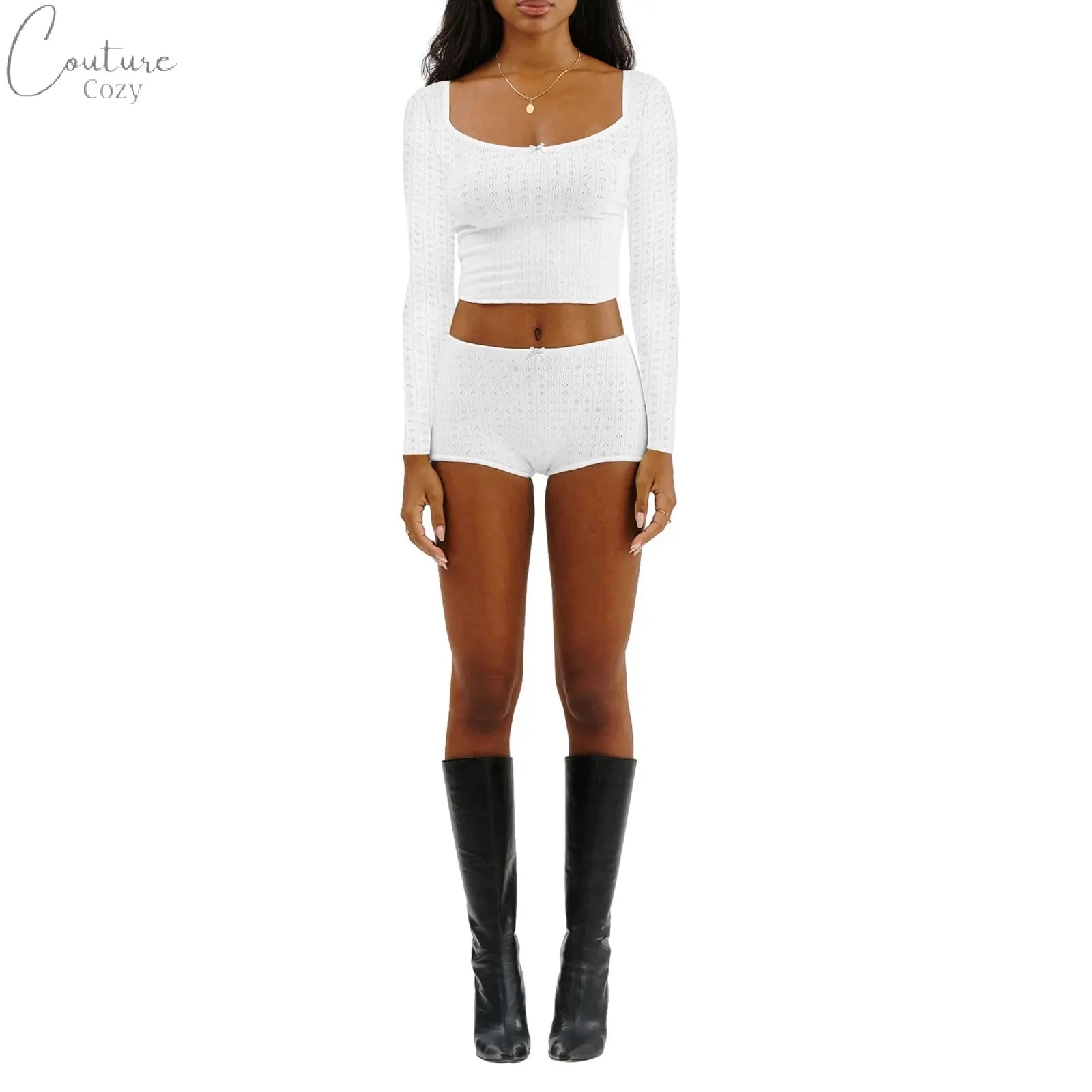 Women 2 Piece Ribbed Knit Pajama Set Long Sleeve Bow Crop Top with Low Waist Shorts Sleepwear Loungewear Couture Cozy