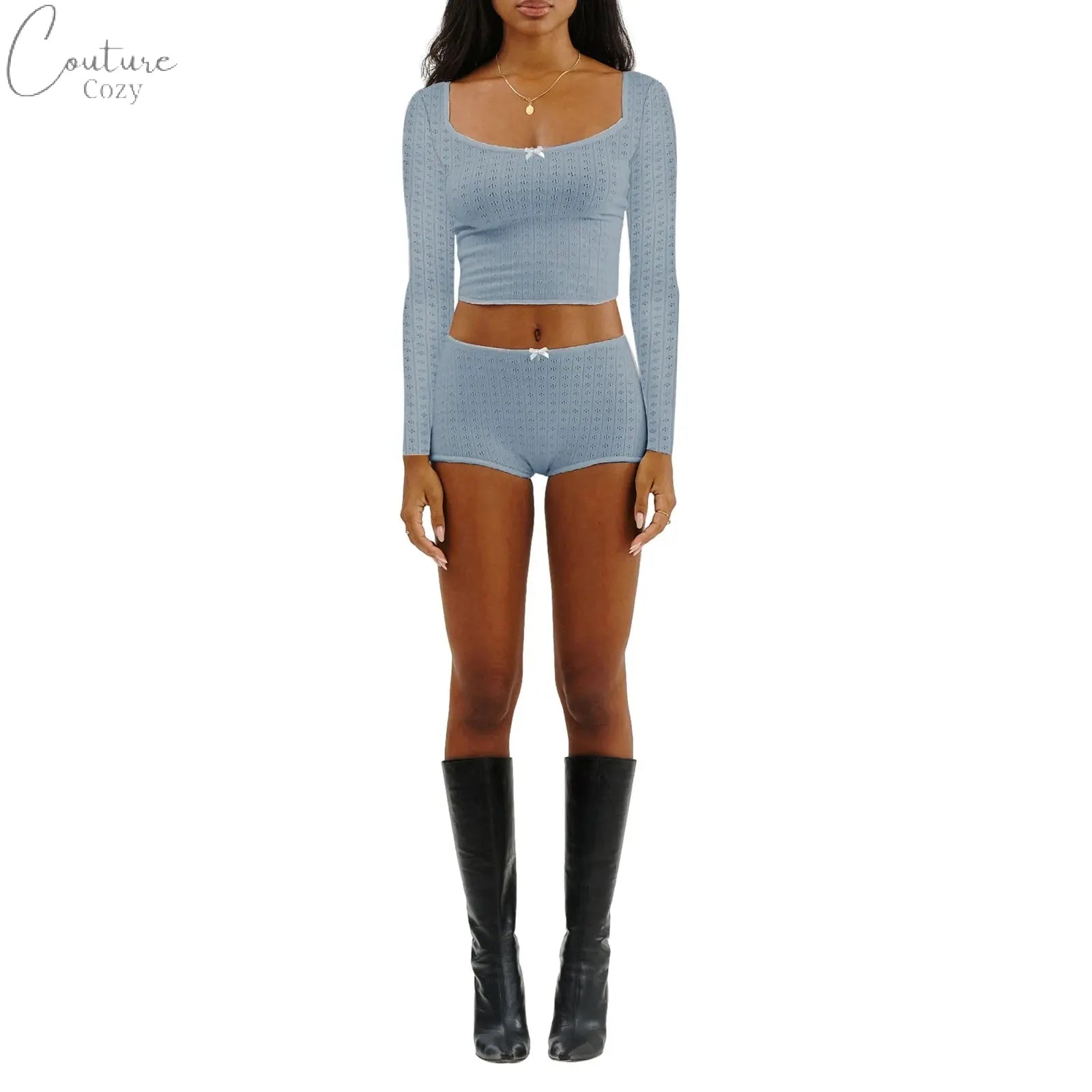 Women 2 Piece Ribbed Knit Pajama Set Long Sleeve Bow Crop Top with Low Waist Shorts Sleepwear Loungewear Couture Cozy
