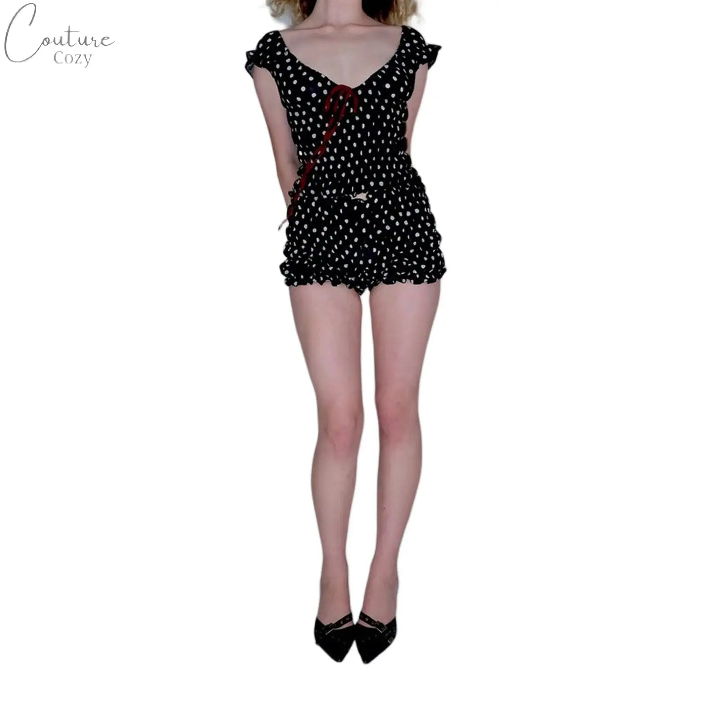Women 2-Piece Ruffled Loungewear Set Scoop Neck Short Sleeve Bow Tops Smocked Shorts Dot Point Pajamas Outfits Couture Cozy