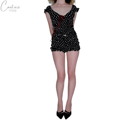 Women 2-Piece Ruffled Loungewear Set Scoop Neck Short Sleeve Bow Tops Smocked Shorts Dot Point Pajamas Outfits Couture Cozy