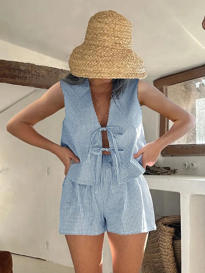 Women 2-Piece Shorts Pajamas Set Vintage Plaid Print Lacing V-Neck Sleeveless Tank Tops Elastic Waistband Shorts Loungewear Sets Couture Cozy