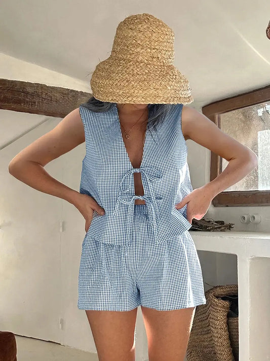 Women 2-Piece Shorts Pajamas Set Vintage Plaid Print Lacing V-Neck Sleeveless Tank Tops Elastic Waistband Shorts Loungewear Sets Couture Cozy