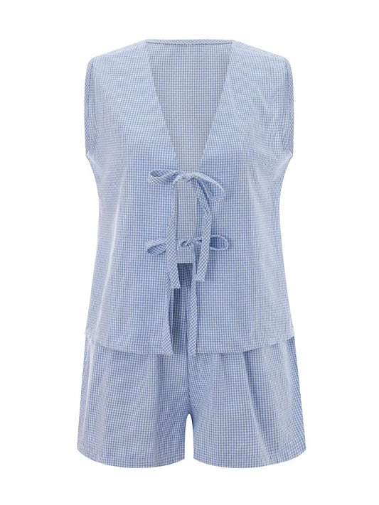 Women 2-Piece Shorts Pajamas Set Vintage Plaid Print Lacing V-Neck Sleeveless Tank Tops Elastic Waistband Shorts Loungewear Sets Couture Cozy