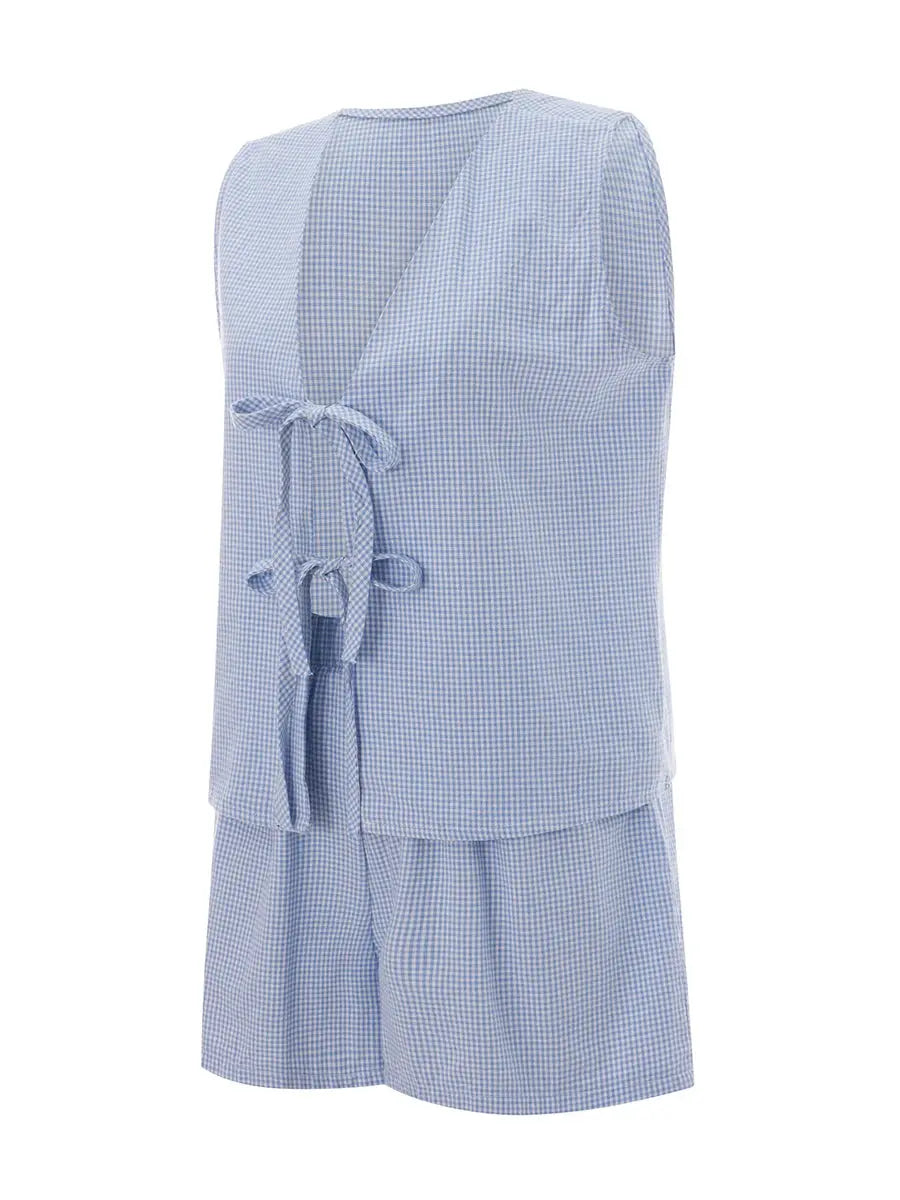 Women 2-Piece Shorts Pajamas Set Vintage Plaid Print Lacing V-Neck Sleeveless Tank Tops Elastic Waistband Shorts Loungewear Sets Couture Cozy