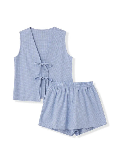 Women 2-Piece Shorts Pajamas Set Vintage Plaid Print Lacing V-Neck Sleeveless Tank Tops Elastic Waistband Shorts Loungewear Sets Couture Cozy