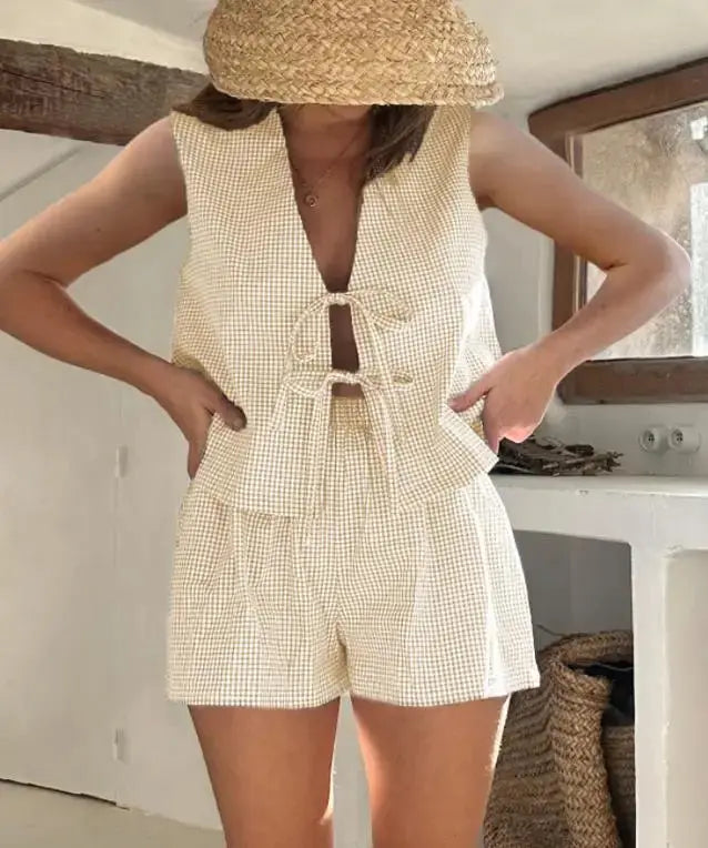 Women 2-Piece Shorts Pajamas Set Vintage Plaid Print Lacing V-Neck Sleeveless Tank Tops Elastic Waistband Shorts Loungewear Sets Couture Cozy