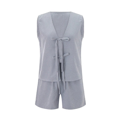 Women 2-Piece Shorts Pajamas Set Vintage Plaid Print Lacing V-Neck Sleeveless Tank Tops Elastic Waistband Shorts Loungewear Sets Couture Cozy