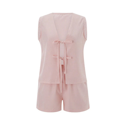Women 2-Piece Shorts Pajamas Set Vintage Plaid Print Lacing V-Neck Sleeveless Tank Tops Elastic Waistband Shorts Loungewear Sets Couture Cozy