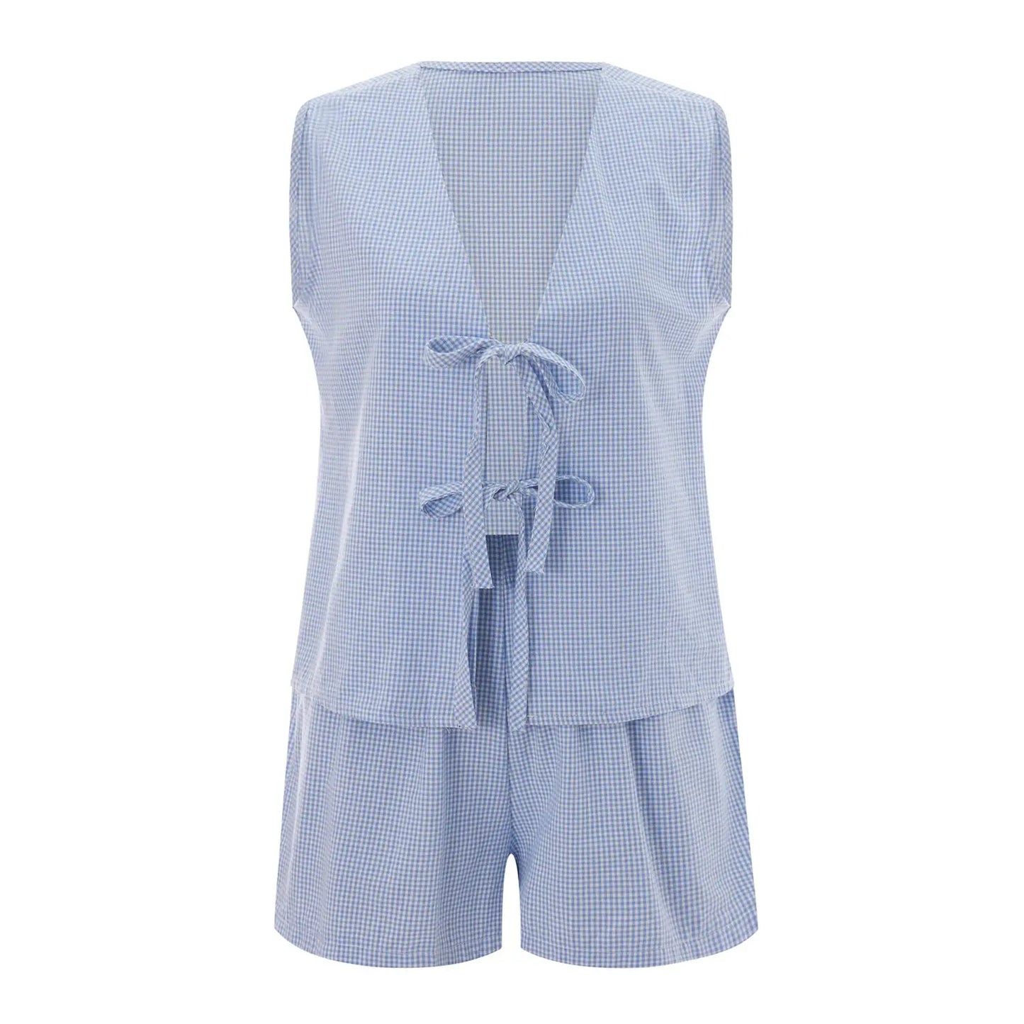 Women 2-Piece Shorts Pajamas Set Vintage Plaid Print Lacing V-Neck Sleeveless Tank Tops Elastic Waistband Shorts Loungewear Sets Couture Cozy