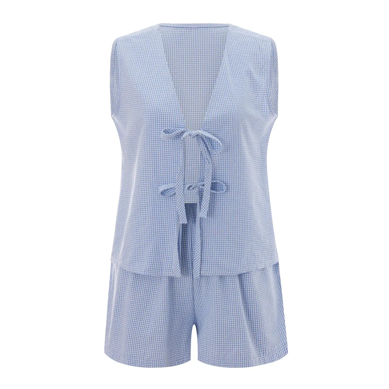 Women 2-Piece Shorts Pajamas Set Vintage Plaid Print Lacing V-Neck Sleeveless Tank Tops Elastic Waistband Shorts Loungewear Sets Couture Cozy