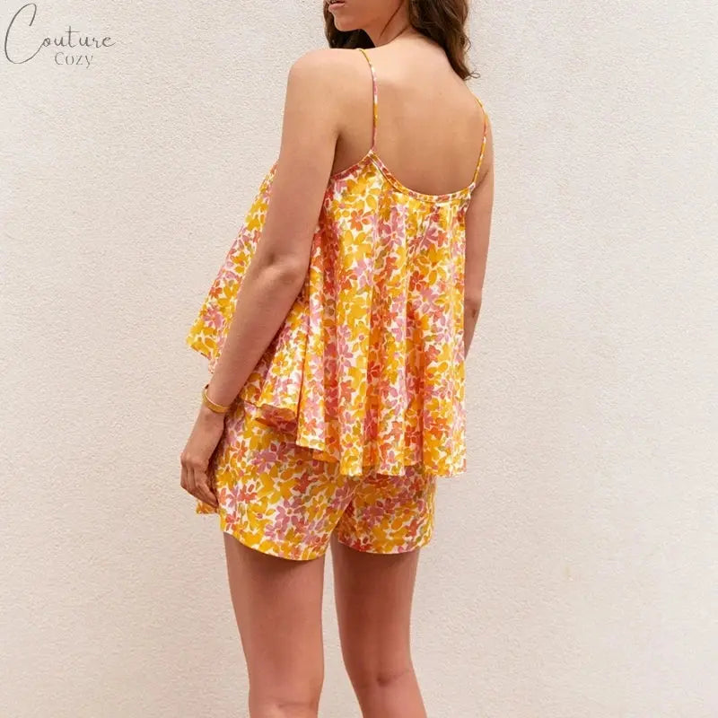 Women Outfits Floral Print Cami Tank Tops and Shorts Sleepwear Pajamas Set 2 Pieces Loungewear Beach Style Matching Suits Couture Cozy