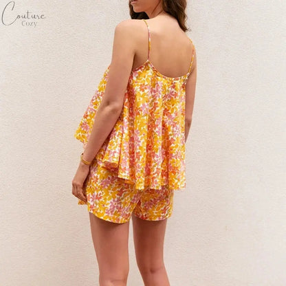 Women Outfits Floral Print Cami Tank Tops and Shorts Sleepwear Pajamas Set 2 Pieces Loungewear Beach Style Matching Suits Couture Cozy