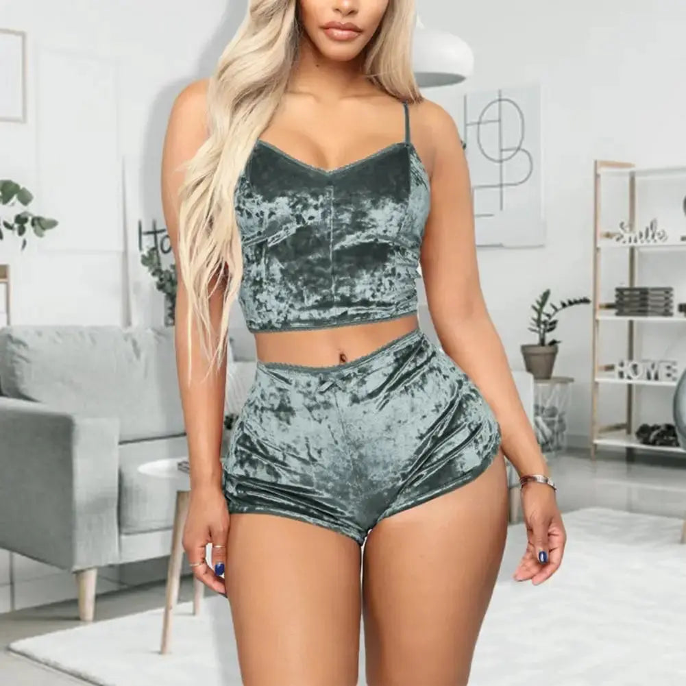 Women Sleepwear Set Sports Shorts 2 Piece Spaghetti Strap Solid Color Backless Pajama Valentines Day Gift Summer Pajama Sets Couture Cozy
