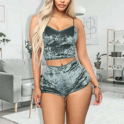 Women Sleepwear Set Sports Shorts 2 Piece Spaghetti Strap Solid Color Backless Pajama Valentines Day Gift Summer Pajama Sets Couture Cozy