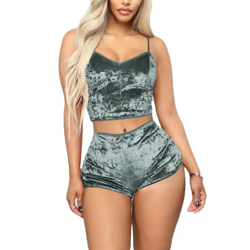 Women Sleepwear Set Sports Shorts 2 Piece Spaghetti Strap Solid Color Backless Pajama Valentines Day Gift Summer Pajama Sets Couture Cozy