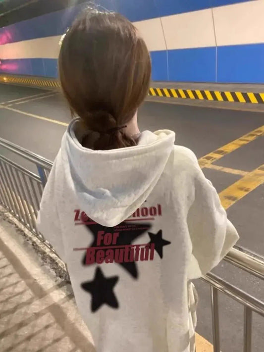 Y2k Aesthetic Hip Hop Vintage Letter Star Print Hoodies Oversized Harajuku All Match Sweatshirts New Grunge Pockets Women's Tops Couture Cozy
