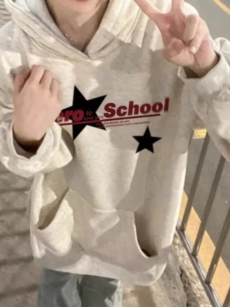 Y2k Aesthetic Hip Hop Vintage Letter Star Print Hoodies Oversized Harajuku All Match Sweatshirts New Grunge Pockets Women's Tops Couture Cozy