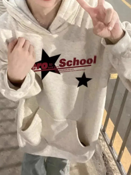 Y2k Aesthetic Hip Hop Vintage Letter Star Print Hoodies Oversized Harajuku All Match Sweatshirts New Grunge Pockets Women's Tops Couture Cozy