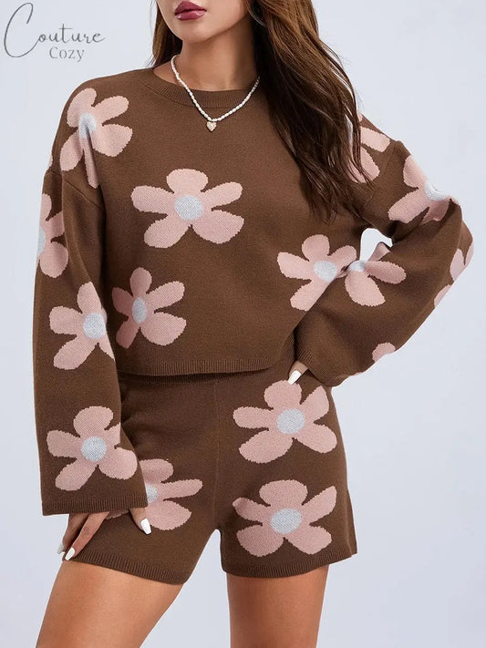 ZJLJAYCHOU Women 2 Piece Lounge Outfits Long Sleeve Crew Neck Floral Knit Sweatsuit Knit Pajamas Set Loungewear Couture Cozy