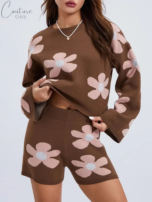 ZJLJAYCHOU Women 2 Piece Lounge Outfits Long Sleeve Crew Neck Floral Knit Sweatsuit Knit Pajamas Set Loungewear Couture Cozy