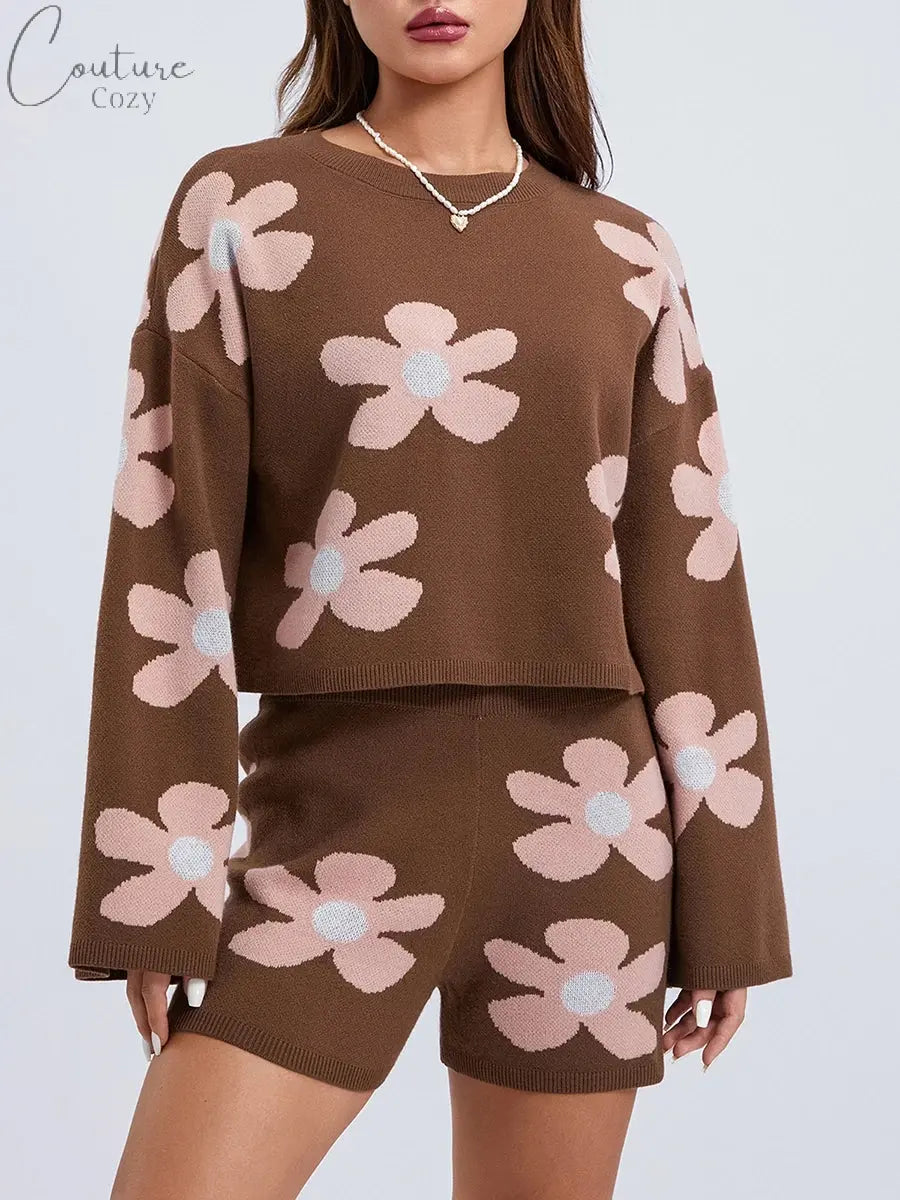 ZJLJAYCHOU Women 2 Piece Lounge Outfits Long Sleeve Crew Neck Floral Knit Sweatsuit Knit Pajamas Set Loungewear Couture Cozy