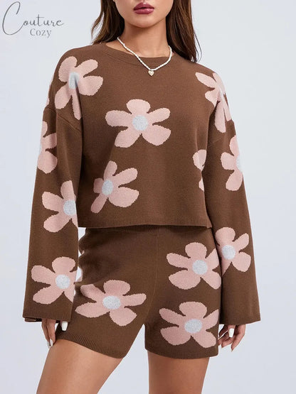 ZJLJAYCHOU Women 2 Piece Lounge Outfits Long Sleeve Crew Neck Floral Knit Sweatsuit Knit Pajamas Set Loungewear Couture Cozy