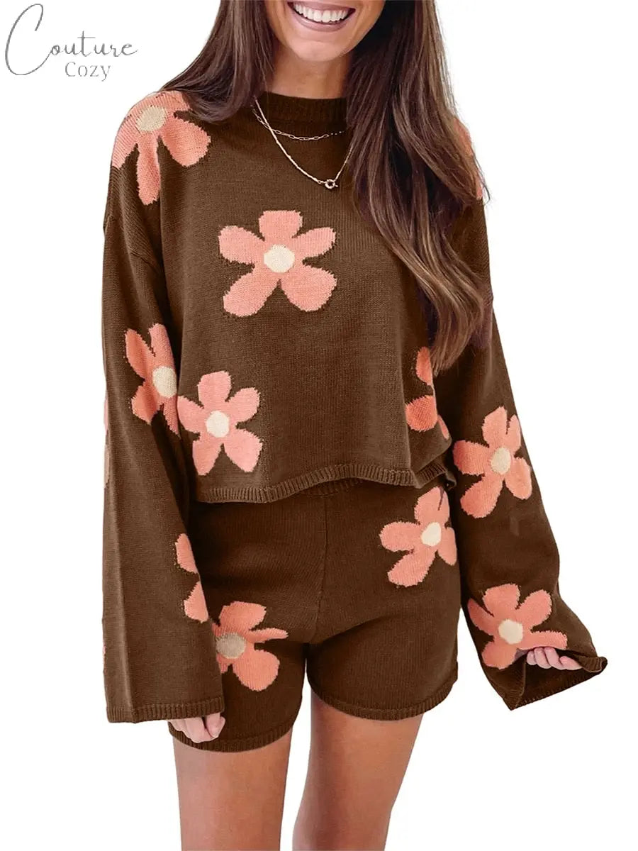 ZJLJAYCHOU Women 2 Piece Lounge Outfits Long Sleeve Crew Neck Floral Knit Sweatsuit Knit Pajamas Set Loungewear Couture Cozy