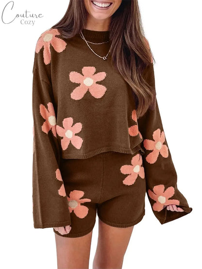 ZJLJAYCHOU Women 2 Piece Lounge Outfits Long Sleeve Crew Neck Floral Knit Sweatsuit Knit Pajamas Set Loungewear Couture Cozy